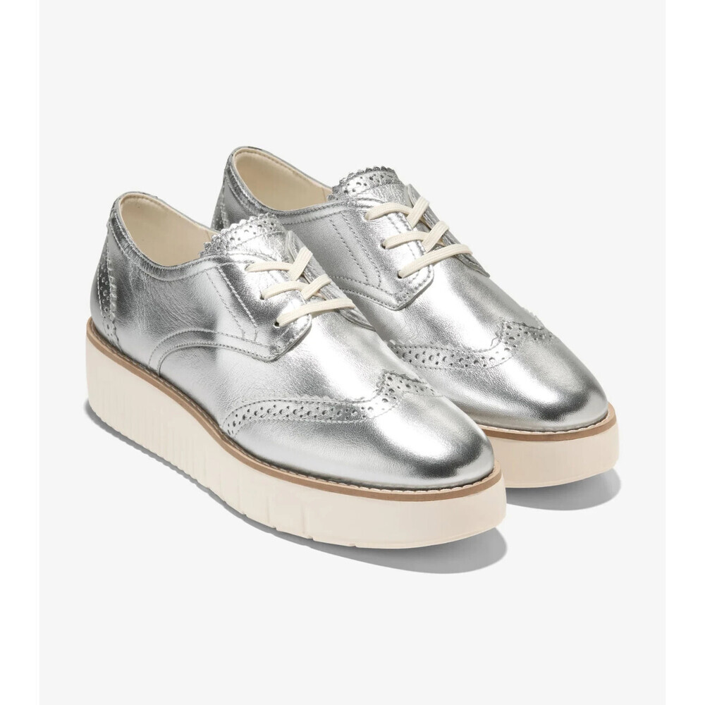 Cole Haan Grand City Oxford Kids Silver Leather Wingtip Platform Shoes ZOGG413